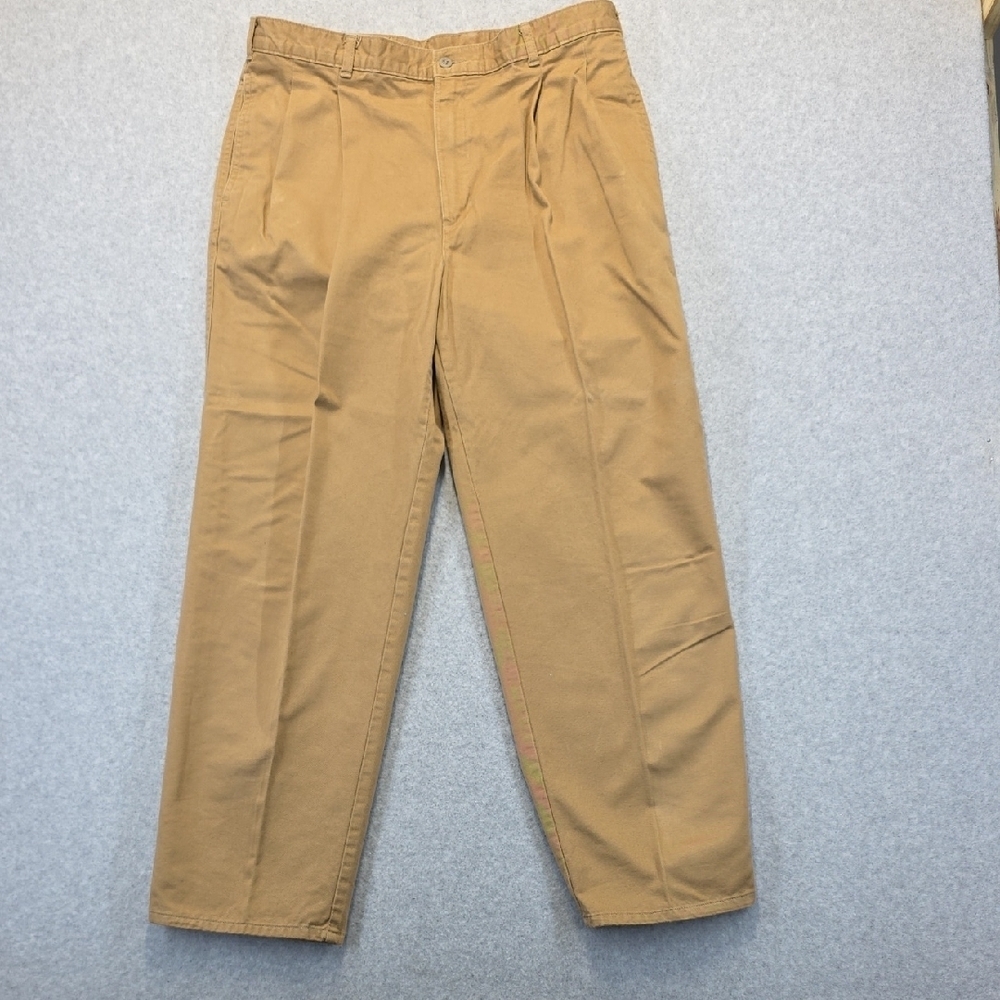 Men’s Khaki Work Pants 36x30 | 100% Cotton Pleated Front Straight Leg